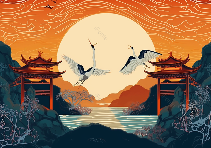 仙鹤红顶鹤夕阳中国风国潮古典复古插画,插画/手绘图,插画/手绘图库,插画/手绘图下载,插画/手绘